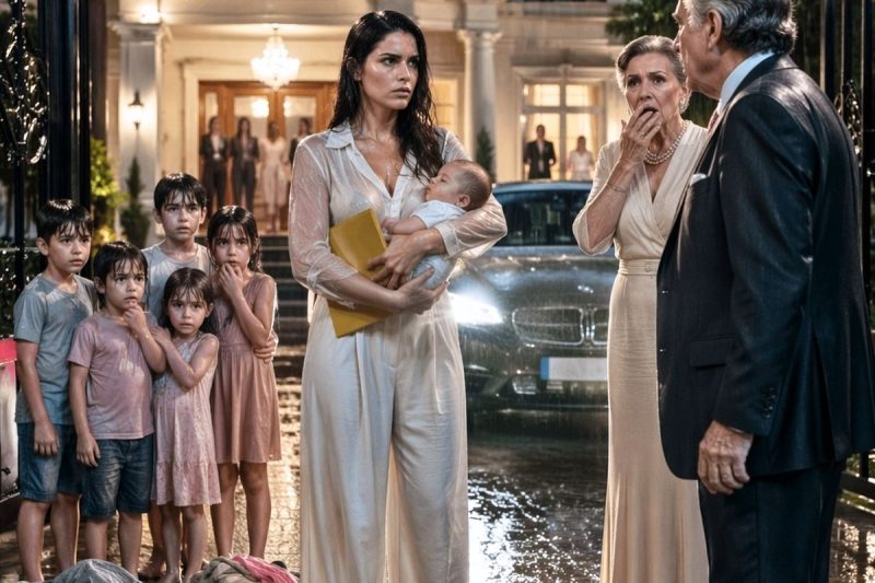 O sogro jogou a viúva e 6 crianças na chuva após o funeral e disse “só sangue de verdade fica aqui”, mas quando ela mostrou a pasta amarela escondida na bolsa do bebê, a família inteira percebeu que a casa guardava um segredo perigoso.