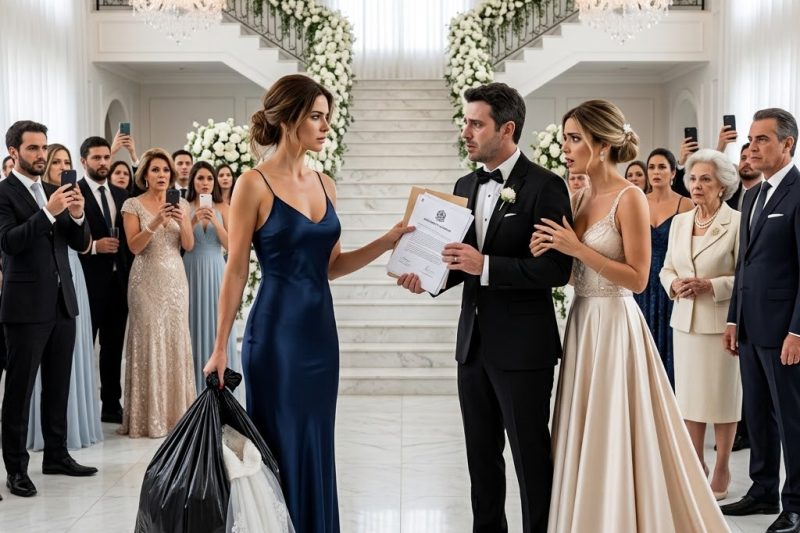 Ele jogou meu vestido de noiva em sacos de lixo e disse “seja grata, pelo menos avisei antes dos votos”, mas no casamento dele com outra mulher, minha avó chegou com uma ordem judicial que fez todos descobrirem quem eu realmente era