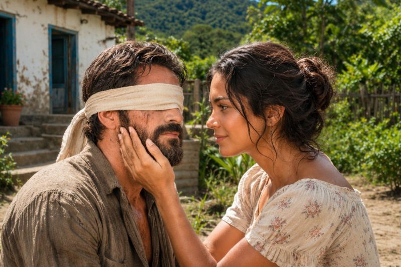 “Eu posso ser seus olhos” — sussurrou a mulher rejeitada ao tocar o rosto do fazendeiro cego; mas aquela faixa escondia a verdade que faria o marido cruel engolir a própria humilhação.