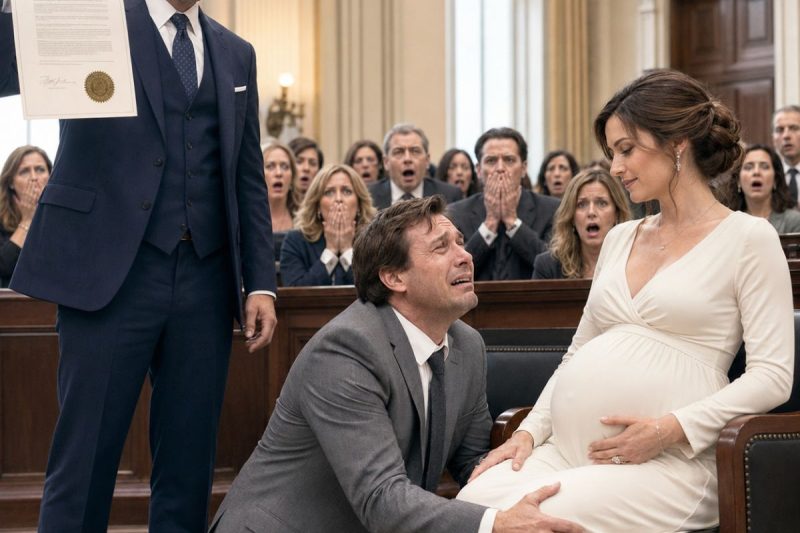 Com 8 meses de gravidez, entrei no fórum acreditando que meu marido milionário tiraria tudo de mim… até que minha advogada abriu uma pasta preta e uma cláusula familiar esquecida destruiu o plano dele.