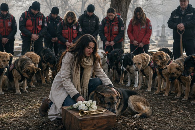 TL- Enquanto eu estava de pé, chorando e sem um centavo, ao lado da sepultura do meu avô no bosque, quinze cães de resgate apareceram de repente e baixaram a cabeça em silêncio diante da terra.