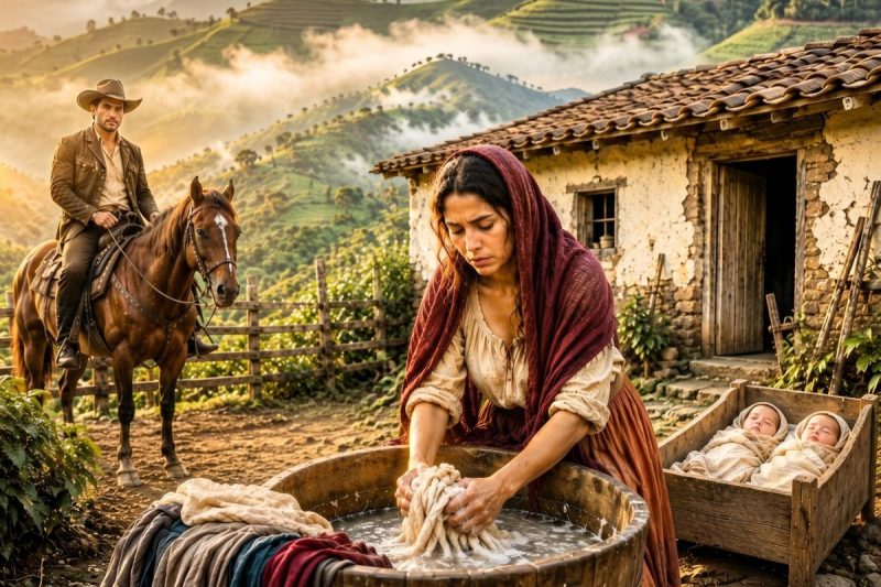 Uma viúva lavava roupas para alimentar seus gêmeos… até que o patrão apareceu com uma dívida falsa e um cavaleiro mudou seu destino.