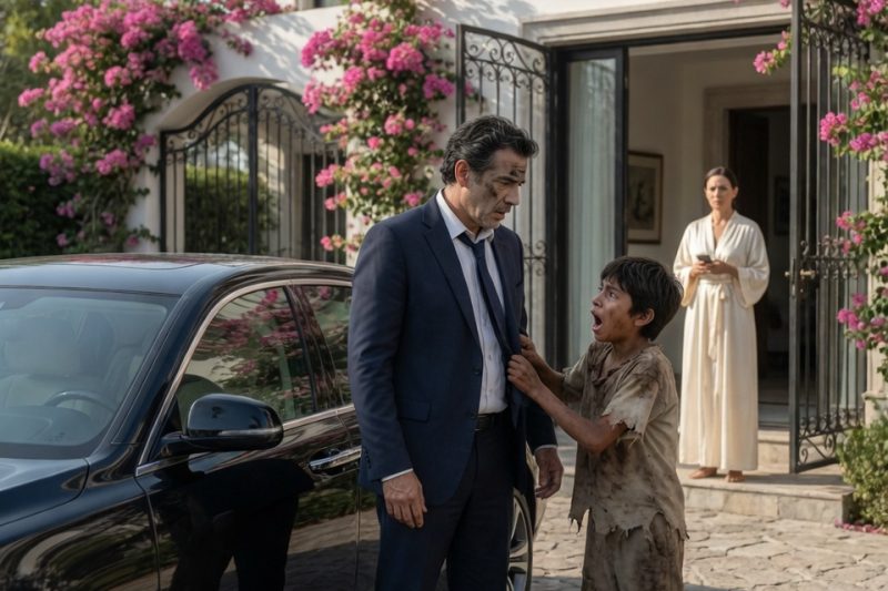 Um menino de tênis rasgados agarrou o paletó de um empresário e avisou: “Sua esposa mandou cortar os freios”… segundos depois, ele entendeu por que ela sorria da janela.