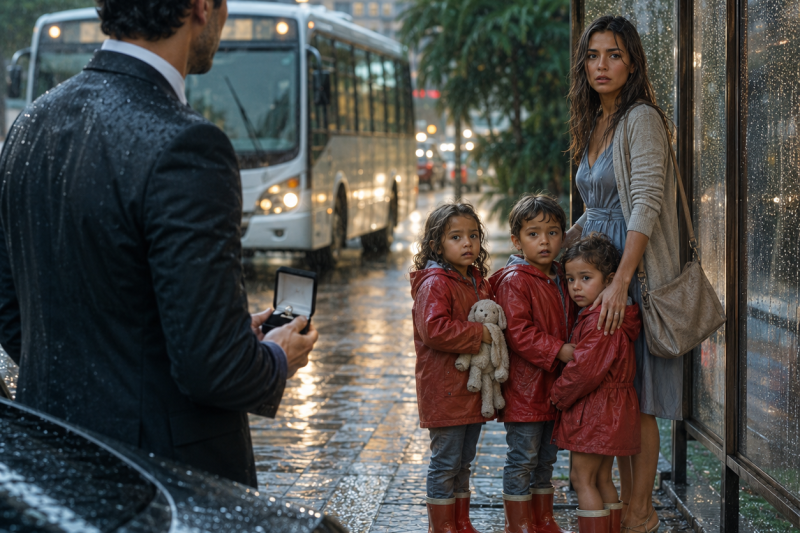 Um empresário ia pedir outra mulher em casamento, mas viu a ex na chuva com 3 crianças de capa vermelha… e uma pergunta mudou tudo
