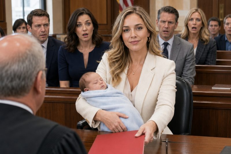 Entrei no tribunal segurando meu filho recém-nascido enquanto o advogado do meu marido sorria como se eu já estivesse derrotada. Ele pensou que a pasta vermelha na minha mão era uma súplica por misericórdia. Mas, quando a coloquei diante do juiz e disse: “Meritíssimo, este bebê não é a razão pela qual estou pedindo proteção; ele é a prova”, o rosto do meu marido ficou branco, porque cada mentira que ele havia construído estava dentro daquela pasta.