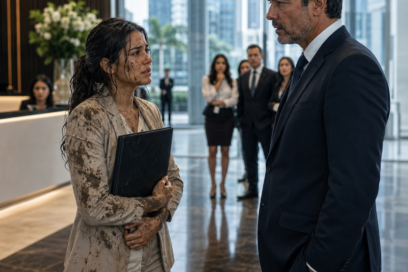 Uma candidata chegou coberta de lama para a entrevista e foi humilhada no saguão, mas a pasta que ela protegia revelou uma corrupção que a família poderosa queria enterrar