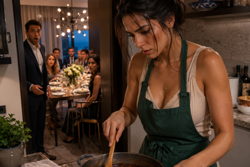A esposa escondida na cozinha como empregada serviu 30 convidados enquanto o marido brindava ao próprio sucesso, até um empresário provar a comida e perguntar: “Quem fez isso?”