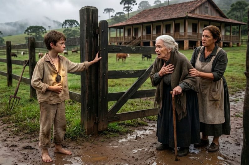 O menino pediu comida no portão da fazenda… mas quando a idosa viu a medalha em seu pescoço, desmaiou.