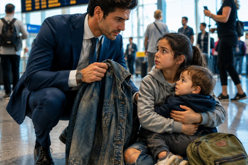 Uma menina abraçava o irmão faminto no aeroporto, enquanto a cuidadora fugia sozinha; quando um empresário viu a jaqueta do pai deles, descobriu uma traição dentro da própria família poderosa