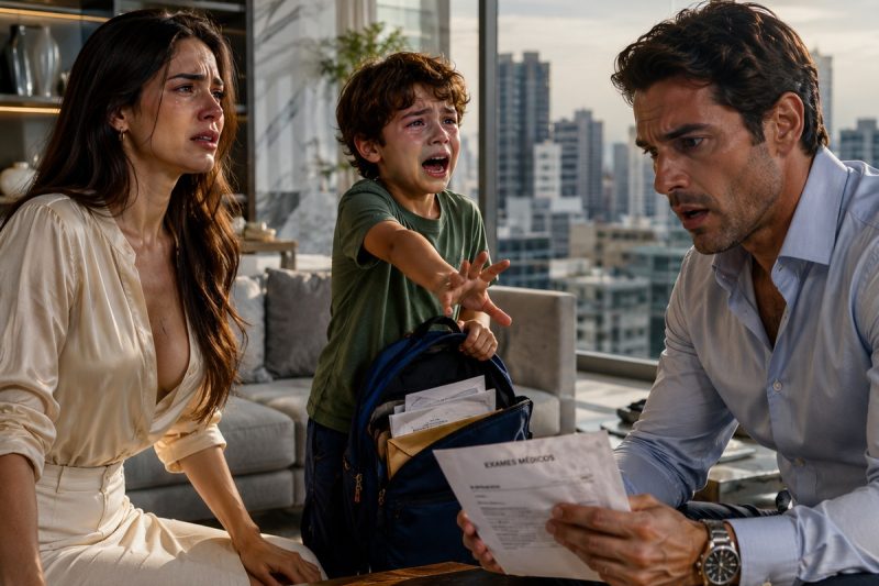 Ele colocou os papéis do divórcio na mesa diante do filho e disse “assina hoje”, mas não imaginava que a mochila da criança escondia o exame que explicava o silêncio da esposa, a dor secreta e a manipulação cruel que quase destruiu aquela família