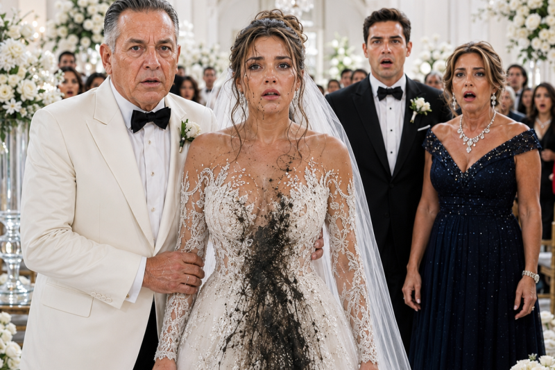 A sogra despejou água podre no vestido de noiva e deixou o bilhete “Aprenda seu lugar”… mas a noiva entrou no altar manchada, segurou uma prova escondida no buquê e fez todos perguntarem quem realmente era aquela família.