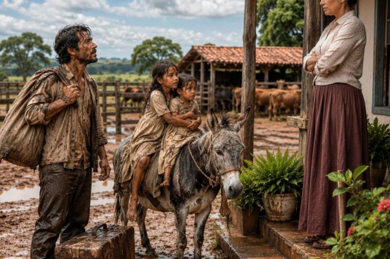 “Só peço abrigo para minhas filhas… eu durmo no curral”, suplicou o viúvo à fazendeira; dias depois, o vizinho que tentou expulsá-los teve seu segredo enterrado na lama.