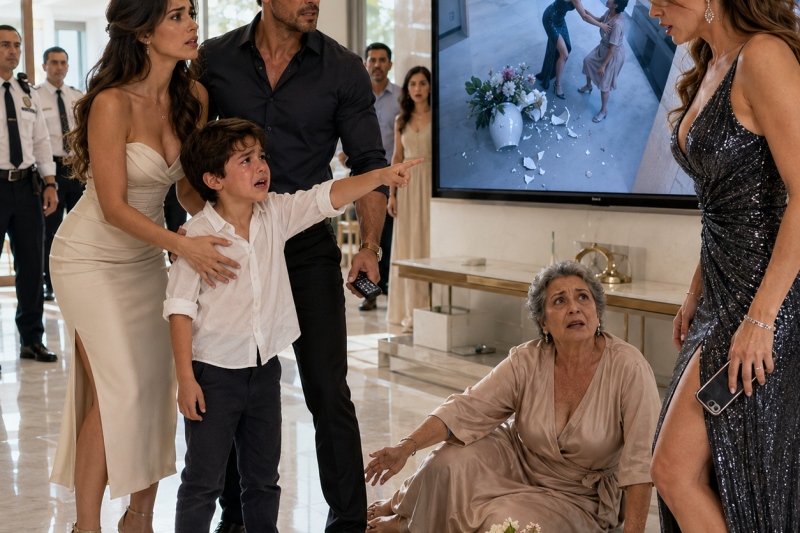 Ela quebrou o vaso, empurrou a própria mãe e me acusou ao vivo de tentar matar uma idosa pela casa — mas meu filho de 6 anos viu tudo, e quando meu marido mostrou a gravação na TV, a verdade assustadora por trás da armação deixou todos paralisados