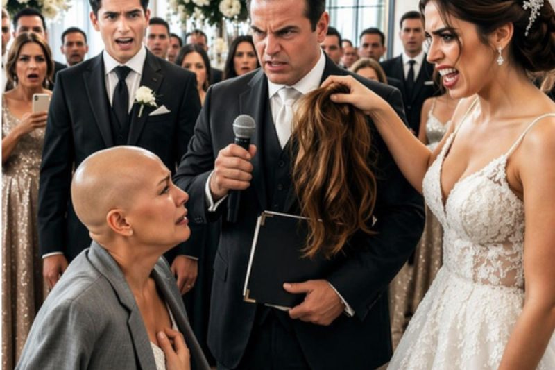 Diante do bolo de casamento, minha nora arrancou a peruca da minha esposa, e meu próprio filho apenas sussurrou: “A mamãe sabe que a gente ama ela”. Eu não gritei; só liguei o microfone, mostrei os documentos e revelei o acordo que a noiva escondia havia 12 dias…