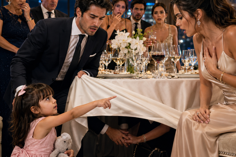 Uma menina de 3 anos apontou para debaixo da mesa no jantar de noivado de um bilionário, e a noiva perfeita perdeu a cor diante de todos quando ele encontrou a mão dela entrelaçada à do sócio — mas o envelope na bolsa escondia algo ainda pior