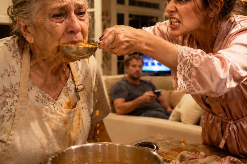 Eu estava apenas mexendo a sopa quando minha nora arrancou a concha da minha mão e a bateu contra a minha cabeça. 5 minutos depois, a cozinha explodiu com um estrondo… e quando meu filho entrou correndo, viu a única coisa que jamais esperava.