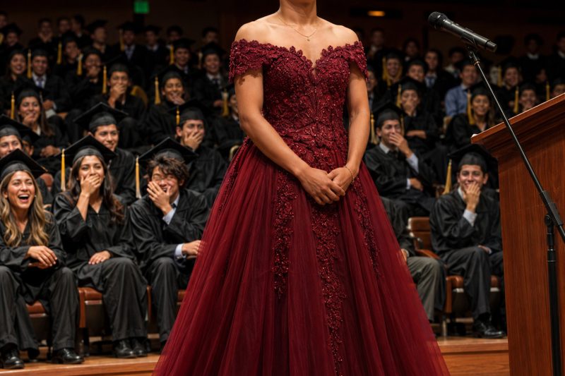 tly/ Na noite da formatura, meu filho entrou no auditório usando um vestido vermelho enorme. todos começaram a rir dele… mas, quando ele pegou o microfone, o silêncio tomou conta da sala.