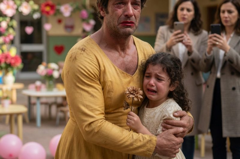 As mães riam e gravavam o pedreiro usando peruca e batom borrado, até que sua filha pegou o microfone e disse: “Meu pai se veste assim para minha mãe não desaparecer”; segundos depois, ela apontou para a diretora e revelou a ameaça deixada sob sua janela.