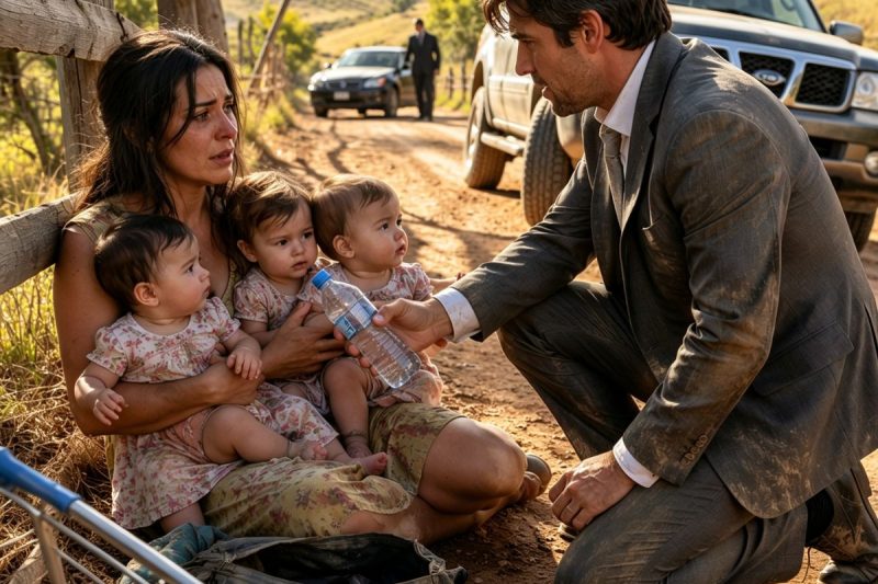 Um fazendeiro milionário parou na estrada ao ver uma mãe descalça com três bebês no colo; sua família gritou “não traga essa mulher para casa”, mas ele abriu a porta sem imaginar quem vinha atrás dela