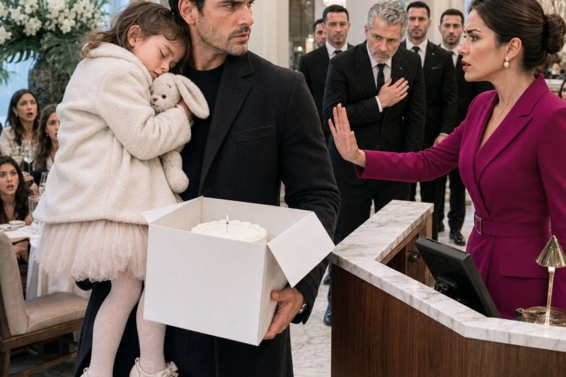 Negaram uma mesa para mim enquanto eu carregava minha filha adormecida e o bolo de aniversário da minha esposa falecida; a gerente disse: “Aqui não entra gente como você”, mas eu apenas peguei o celular, e 4 homens chegaram com uma pasta que ela jamais deveria ter provocado.