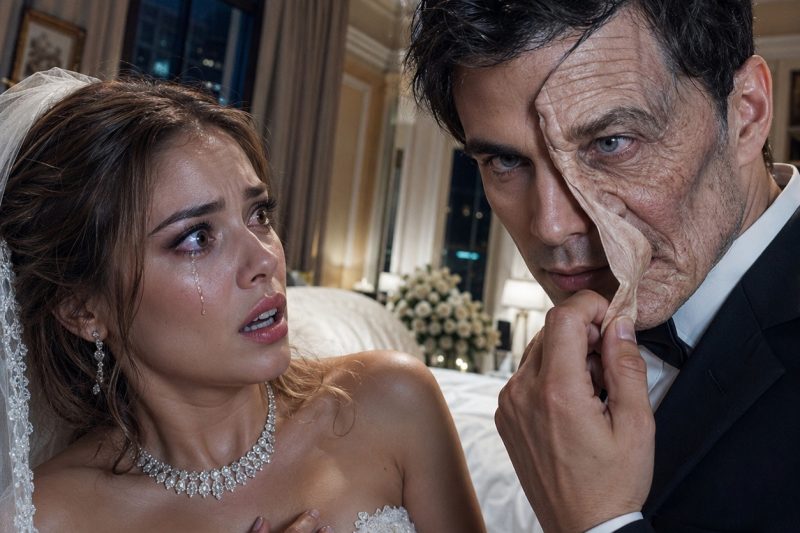 tly/ Porque minha família estava afundada em dívidas, fui obrigada a me casar com um velho milionário que eu nunca tinha visto. Na noite de núpcias, fiquei tremendo quando ele trancou a porta. “Por favor… não me machuque”, sussurrei. Ele sorriu, segurou a pele enrugada do próprio queixo e arrancou uma máscara perfeita. Diante de mim apareceu um homem jovem e bonito. “Relaxe”, disse ele friamente. “Você nunca foi meu alvo. O alvo era a sua família — e esta noite, minha vingança começa.”