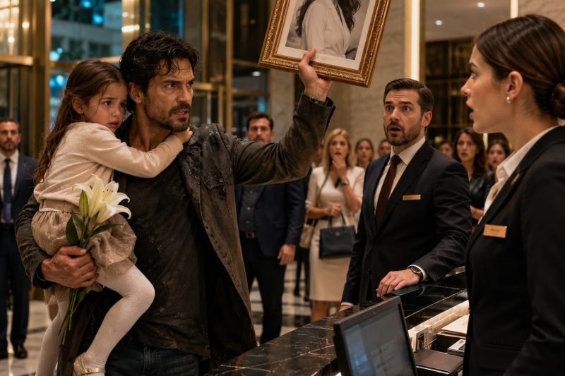 O pai entrou em um hotel de luxo com a filha no colo e foi expulso pela recepcionista por sua aparência humilde… mas, quando ele apontou para o retrato na parede, o gerente perdeu tudo diante de todos.