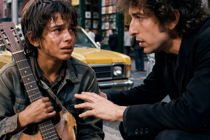 Garoto de rua tocando uma música de Dylan com um violão quebrado — Dylan parou de andar e fez ISTO