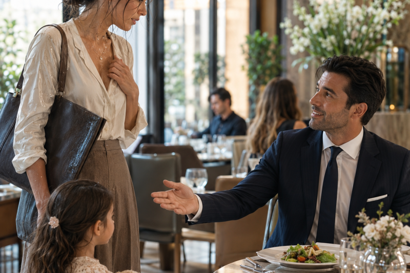 Uma mãe solo faminta aceitou dividir a mesa com um homem rico antes da entrevista… mas só descobriu quem ele era quando entrou na sala do conselho, e o favor daquela manhã virou o começo de uma armadilha cruel contra sua filha