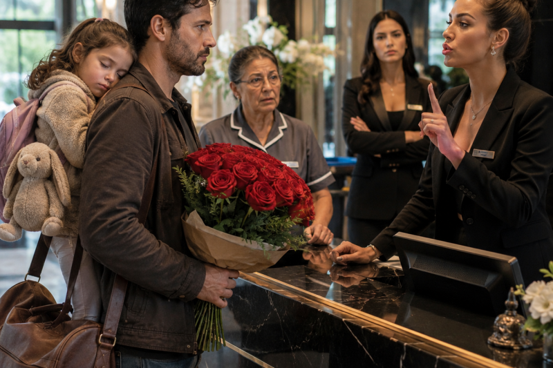 Um pai com a filha dormindo e rosas amassadas foi humilhado no balcão de um hotel de luxo — “procure algo mais barato” — até a faxineira defender a criança e ele revelar a credencial que fez todos tremerem diante do segredo que tentaram esconder