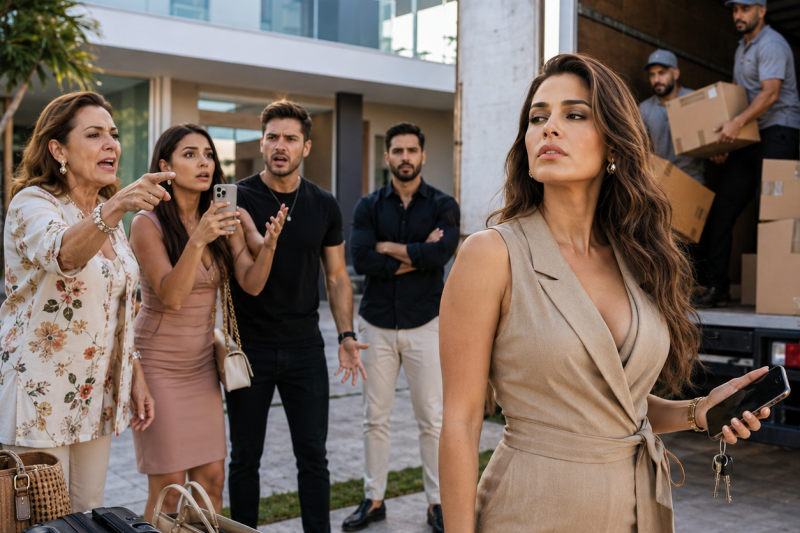 A família do ex-marido chegou com 2 caminhões para tomar a casa que nunca foi dele; ela abriu o portão em silêncio, deixou todos entrarem e, quando gritaram “agora ninguém nos tira daqui”, a mansão revelou o golpe que destruiria a família inteira