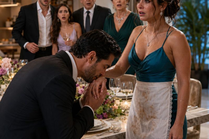 Minha mãe me obrigou a servir 20 convidados no jantar de Natal… até meu noivo milionário entrar, beijar minha mão molhada e fazer meu pai tremer pelo contrato que podia salvar a família