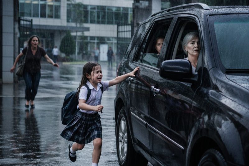 Meus pais deixaram minha filha de 6 anos na chuva para levar os netos “preferidos”… mas a câmera da escola mostrou a porta que nunca deveria ter sido trancada