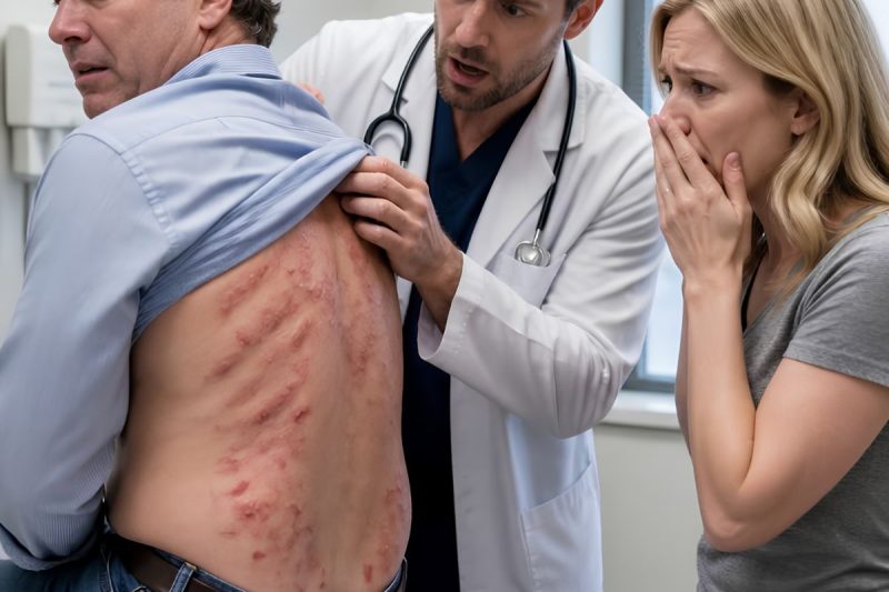 Fiquei gelada ao ver as costas do meu marido: dezenas de pontos vermelhos formavam círculos perfeitos. Ele disse que era uma irritação na pele… até que o médico ficou pálido e sussurrou: “Não volte para casa. Chame a polícia.”