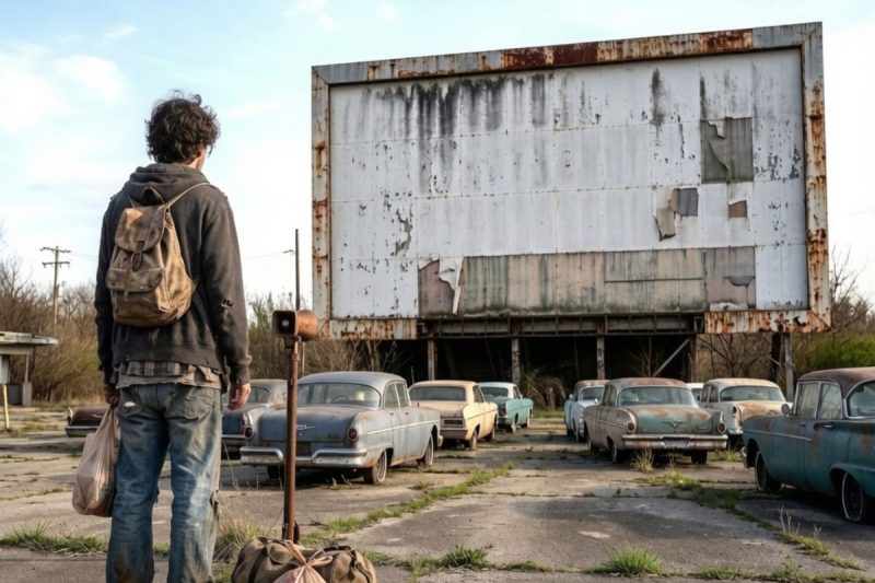 Aos 19 anos e sem um teto onde dormir, ele comprou um autocinema em ruínas em um leilão… sem imaginar o que o antigo dono havia escondido atrás da tela.