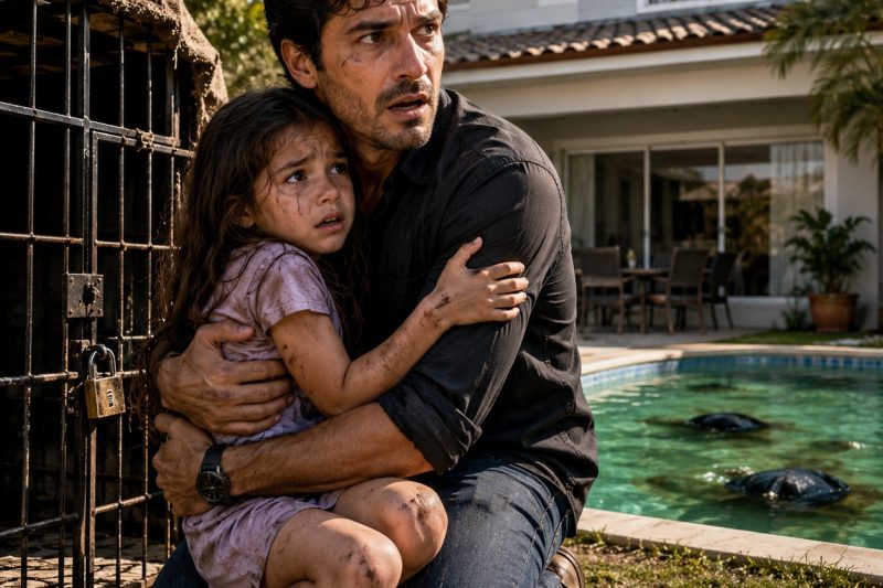 Fui buscar minha filha depois de três dias sem notícias e a encontrei trancada no quintal; quando ela sussurrou “menina mentirosa vive como cachorro”, percebi que a piscina escondia algo pior