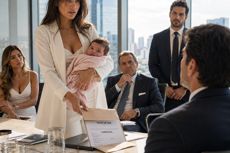 Ela entrou na audiência de divórcio com uma bebê de 4 meses no colo, jogou o exame de DNA sobre a mesa e disse: “Você ia assinar para apagar sua própria filha”, mas o silêncio do sogro revelou uma mentira ainda mais antiga e cruel.
