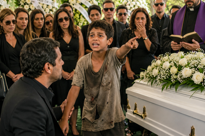 Um menino de rua invadiu o funeral de uma milionária e gritou “ela está viva”; quando o filho seguiu a pista até uma obra abandonada, encontrou no pescoço dela o pingente quebrado que só a família conhecia e entendeu que o caixão escondia uma traição muito mais cruel do que a morte