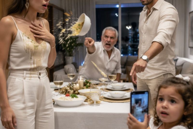 Na ceia de Réveillon, o sogro jogou canja quente no rosto da nora, e o marido ao lado ainda ordenou: “Ajoelha e pede desculpa”… mas eles não imaginavam que o celular nas mãos da minha filha havia começado a gravar por acidente, e aquele vídeo faria toda a família dele pagar caro.