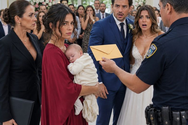 Ela entrou na cerimônia luxuosa do marido com a bebê no colo e um envelope lacrado… quando ele viu o que havia dentro, a música parou.