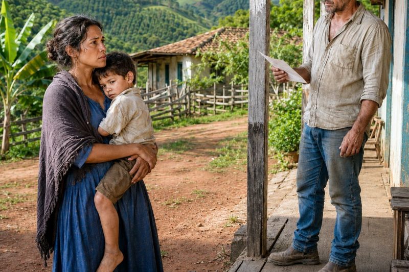 “Mulher com filho no colo não entra aqui” — disse o fazendeiro à viúva na porta da fazenda; mas a mala velha e os papéis de dívida abririam uma guerra que ninguém da família queria ver.