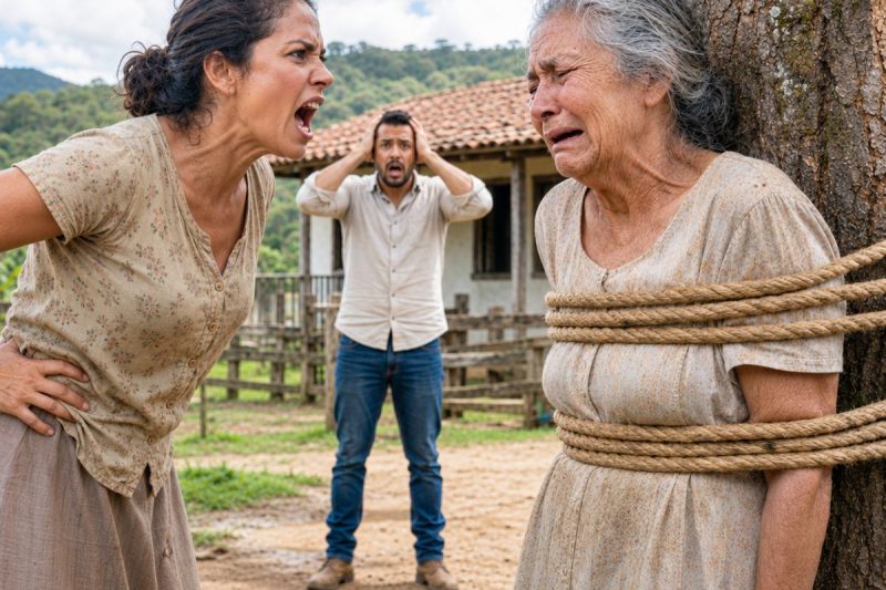 “Não conta nada para ele” — gritou a noiva ao amarrar a mãe dele no quintal, sem imaginar que o filho havia voltado mais cedo e que aquelas cordas revelariam uma verdade impossível de esconder.
