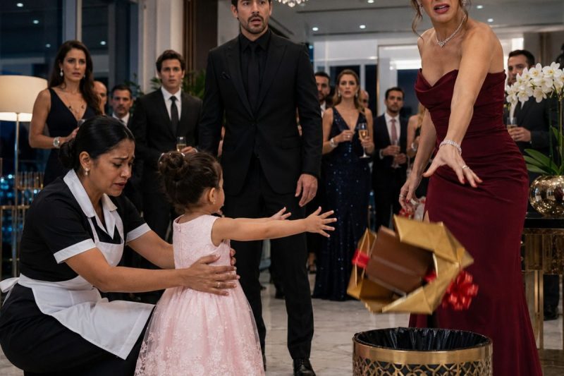 Ela só queria agradecer ao patrão com um presente simples… mas a noiva dele humilhou a criança diante de todos — e o que havia dentro daquele caderno acabou destruindo o casamento.