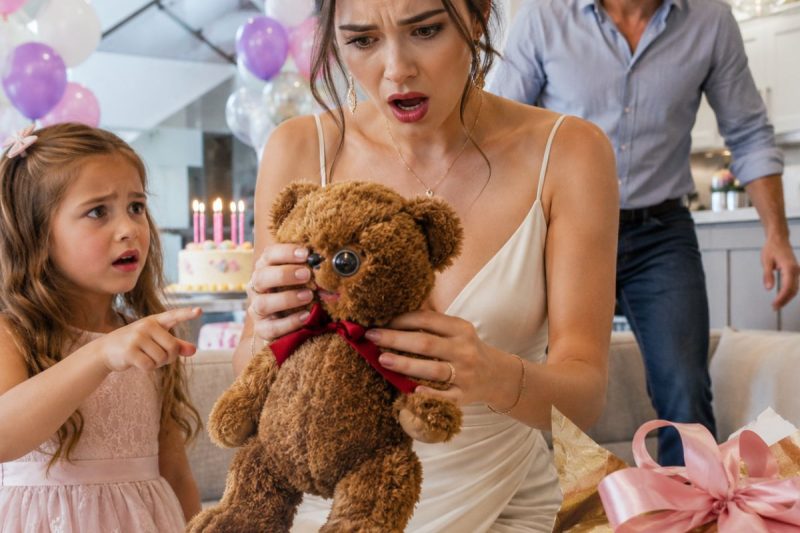 Meus sogros enviaram um ursinho de pelúcia para minha filha de 6 anos no aniversário dela. Ela o abraçou, sorriu… e de repente sussurrou: “Mamãe, o que é isso?”. Quando olhei para o olho do urso, meu sangue gelou. 3 dias depois, a polícia bateu à porta deles.