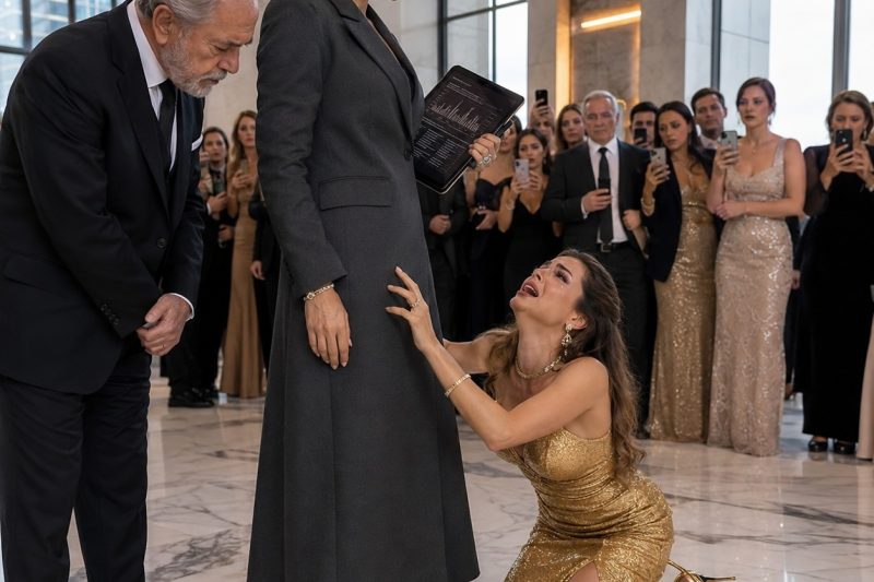 A herdeira humilhou uma mulher de casaco cinza no baile de luxo, mas congelou quando o bilionário se ajoelhou e revelou quem realmente era dona daquela torre inteira diante de todos.