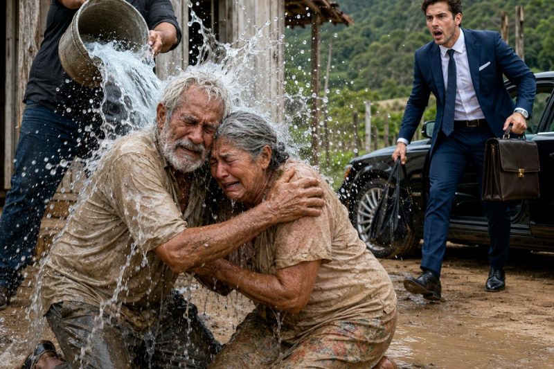 “Ajoelhem, porque esta terra agora tem dono” — gritou o agiota ao encharcar dois idosos na lama; mas o filho que desceu de um carro preto trazia uma pasta capaz de virar aquela humilhação contra ele.