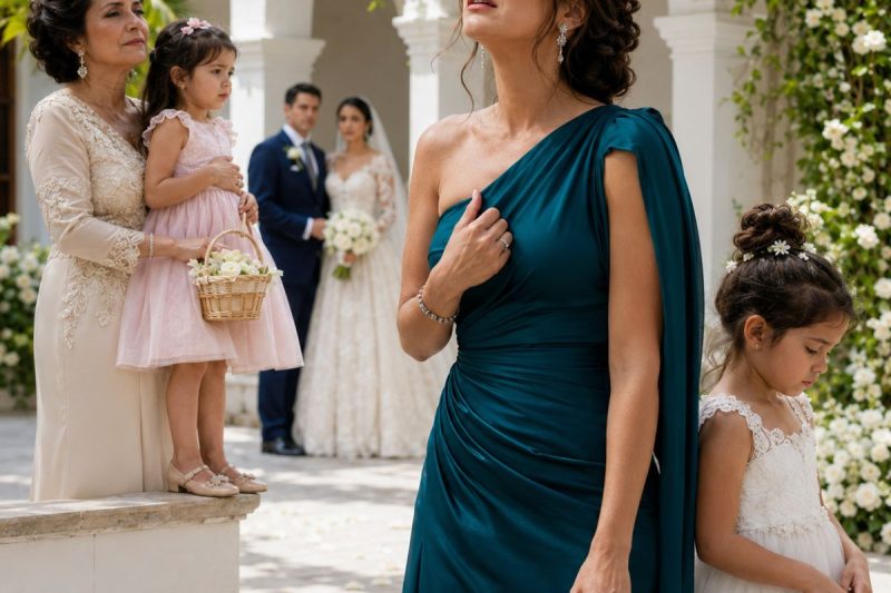 Quando meu irmão substituiu minha filha como daminha, minha mãe me pediu: “Seja compreensiva, é o casamento dele.” Eu apenas enxuguei as lágrimas da minha filha e entrei no salão… mas minutos depois meu pai revelou diante de todos um colar roubado, um testamento escondido e uma traição familiar.