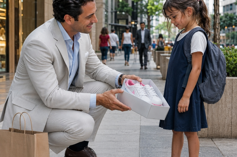 Uma menina de 7 anos, com os sapatos rasgados e os dedos tocando o chão, pediu a um milionário apenas um par novo para entrar na escola; horas depois, ele recebeu a mensagem: “Ela é sua filha”… e uma foto revelou o filho que sua família jurava estar morto.