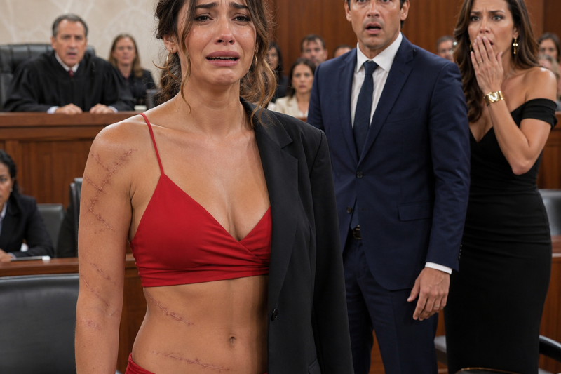 A esposa abriu o blazer no tribunal e mostrou cicatrizes que a família fingiu não ver por 8 anos; o marido riu, a amante chamou de “teatro”, mas uma pasta lacrada estava prestes a provar quem roubou a empresa e quem mentiu para todos naquela audiência